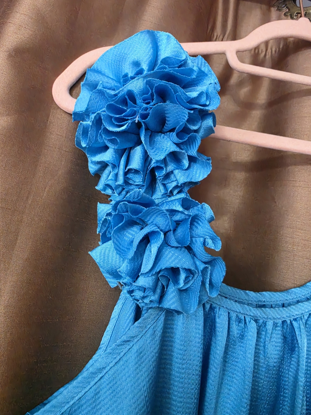 Blue One-Shoulder Ruffle Women’s Top - Picture 2 of 4